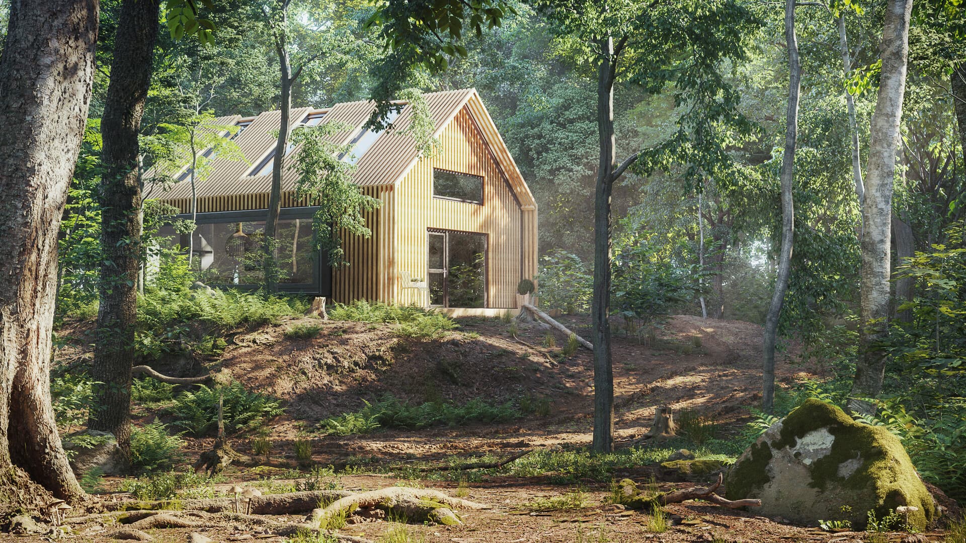 3D elevarbejde hus i skoven med træfacade, lavet af Emil Rasmussen